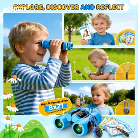 Бинокъл 8X21 за деца – Комплект за изследване на открито с 25 забавни карти, компас и лупа, снимка 2 - Образователни игри - 54218017