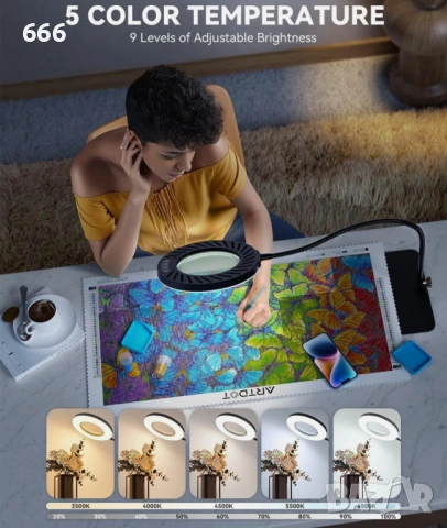 ARTDOT 10X лупа със светлина и стойка, настолна лампа със 144 светодиода, снимка 6 - Друга електроника - 54158424