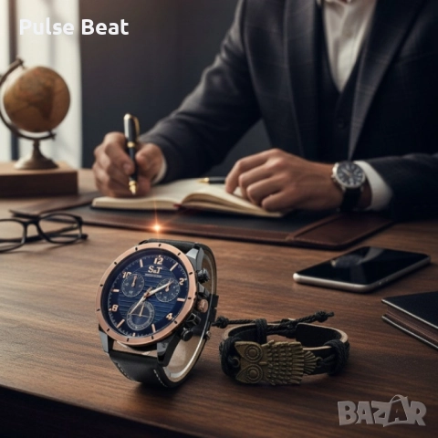 Мъжки часовник S&T Seek Time с кожена гривна – подаръчен комплект, снимка 4 - Подаръци за мъже - 52045240