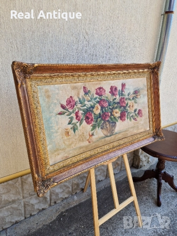 Натюрморт голям антикварен масло платно автор рамка , снимка 6 - Картини - 51686446