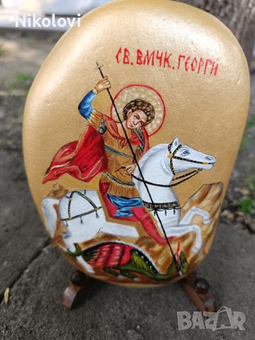 Рисувана икона *Свети Георги " върху камък , снимка 3 - Икони - 45437654