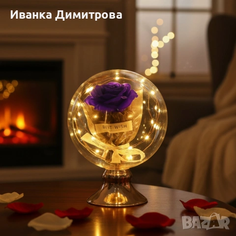 🌹 LED роза в купол – перфектен подарък Топла LED светлина, USB захранване, надпис „BEST WISH“.