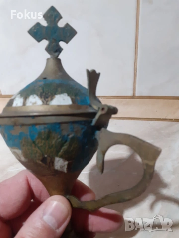 Старо бронзово кандило тамянник с емайл, снимка 5 - Антикварни и старинни предмети - 53390218