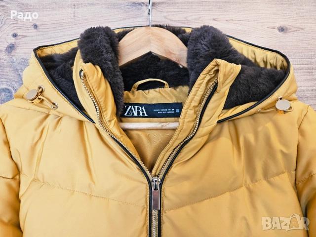Ново дамско яке ZARA зимно горчица размер XS качулка подплата вата сако палто жълто златисто, снимка 3 - Якета - 53192740