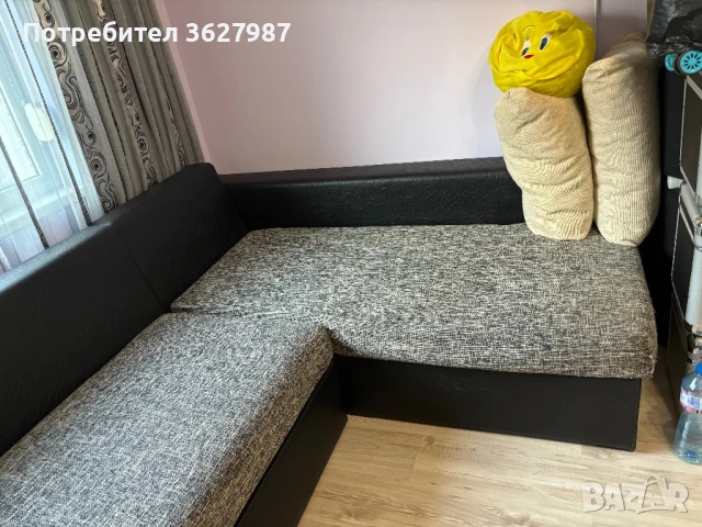 Разтегателен ъглов диван от естествена кожа и дамаска меланж, с ракла, снимка 6 - Дивани и мека мебел - 51197882