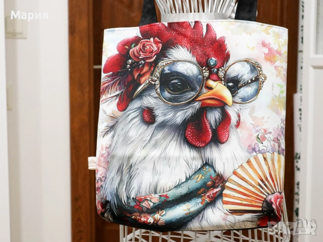 Текстилна торба с Кокошка, ръчна изработка, снимка 3 - Чанти - 54249788