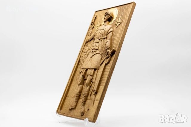 Позлатена релефна икона Свети Георги Победоносец от дъб, снимка 3 - Икони - 53223744