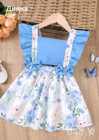 Детска синя рокля на зайчета и цветя , снимка 1 - Бебешки рокли - 45751585