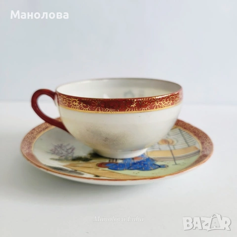 Порцеланова чаша с чинийка Kutani Shoza. , снимка 2 - Антикварни и старинни предмети - 54011871