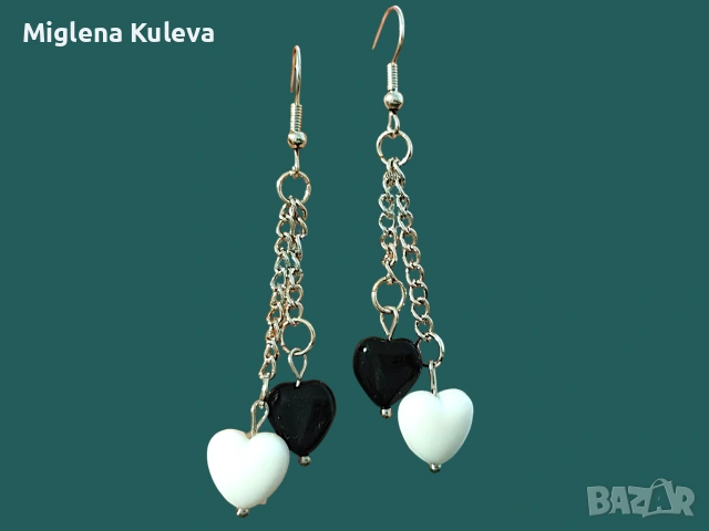 Обеци Сърца в черно и бяло 