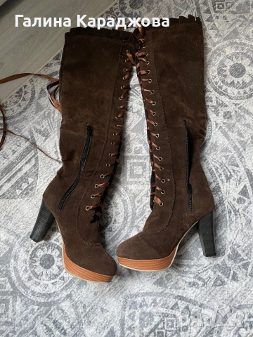 Високи кафяви велурени ботуши с връзки и цип 38 номер, снимка 7 - Дамски ботуши - 54082938