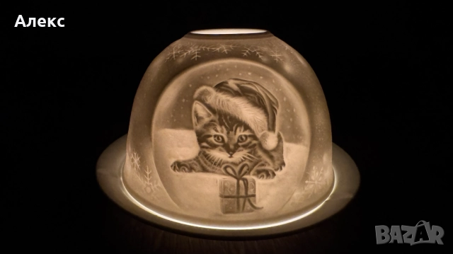 Разкошен чаен свещник с три картини на котенца.–Фин порцелан!