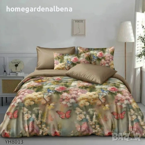 Луксозно спално бельо памучен сатен флорални десени 4 части двоен комплект с ластик