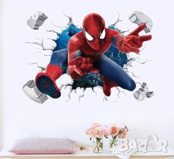 Спайдърмен Spiderman city Дупка в стена стикер постер лепенка за стена детска самозалепващ, снимка 1 - Други - 46376006