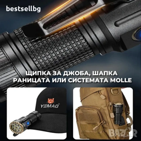 Мощен мини прожектор 3000 лумена USB-C ръчен фенер зареждане за лов риболов къмпинг туризъм палатка, снимка 8 - Къмпинг осветление - 54109876