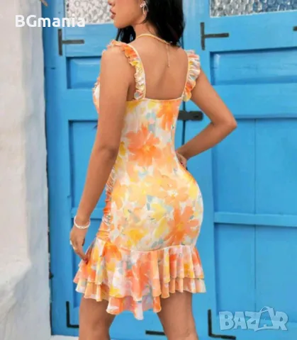 Страхотна лятна рокля в оранжево с цветя и кръстосано деколте размер М, снимка 2 - Рокли - 50094644