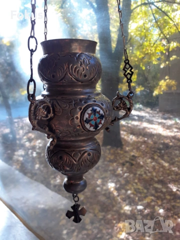 Старо висящо голямо кандило с емайл кадило тамянник, снимка 3 - Антикварни и старинни предмети - 53406152