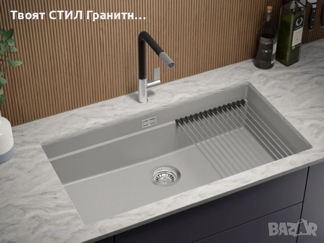 Сива кухненска мивка за вграждане под плот Прага 90 Level 860 x 470 мм, снимка 4 - Мивки - 53995129
