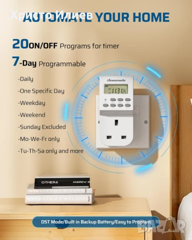 Седмичен програматор за контакт дигитален таймер 24/7 с 20 настройки за лампи и уреди, снимка 5 - Друга електроника - 51363332