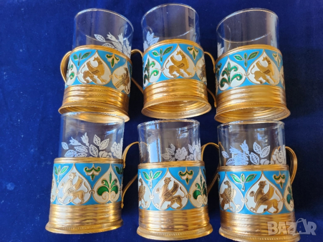 Подстакани к-т 6 броя с оригинални термо чаши, СССР, метални с емайл (ръчна работа), красиви, нови