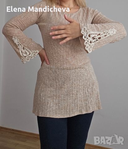 Туника блуза с дантела народни мотиви и дълъг ръкав памучна и разтеглива размер L XL, снимка 3 - Туники - 45792591