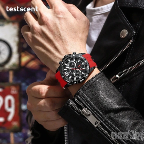 Спортен мъжки часовник (хронограф) – нов POEDAGAR Quartz Watch за мъже стилен червена верижка, снимка 10 - Мъжки - 53868411