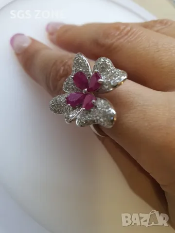 Сребърен Пръстен Цвете с Рубини, снимка 2 - Пръстени - 49792655
