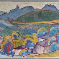 Стара картина селски пейзаж  на худ. Иван Милев масло на картон, снимка 1 - Антикварни и старинни предмети - 45236128
