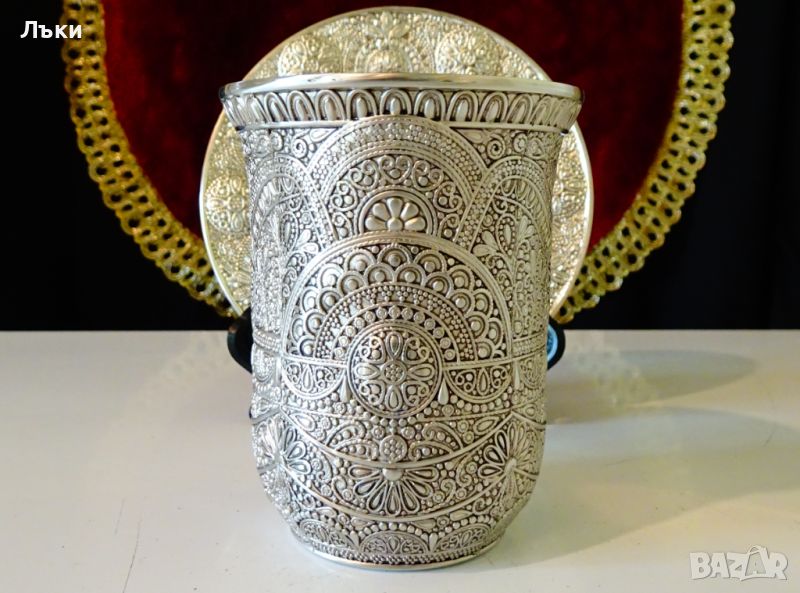 Посребрена медна чаша за вино,с чиния,вълшебство., снимка 1