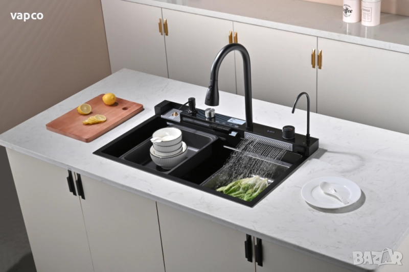 Черна мултифункционална кухненска мивка с двоен водопад , снимка 1