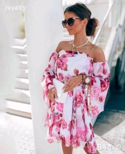 Бяла шифонена рокля с розови цветя, снимка 1