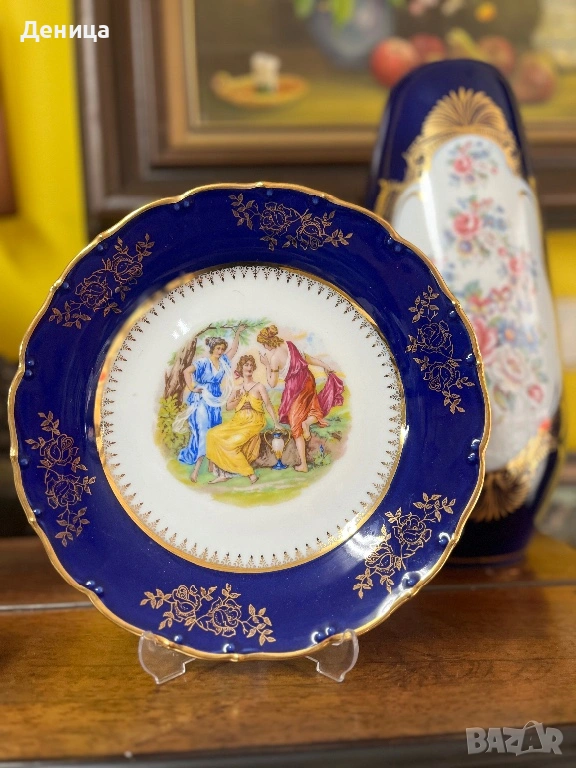 Трите грации, кобалт, позлата⚜️  MZ (Moritz Zdekauer)  Порцеланова чиния , снимка 1