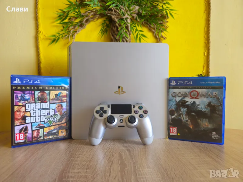 PlayStation 4 Slim Silver 1TB PS4 ПС4+2 джойстика+2 Игри+Гаранция, снимка 1