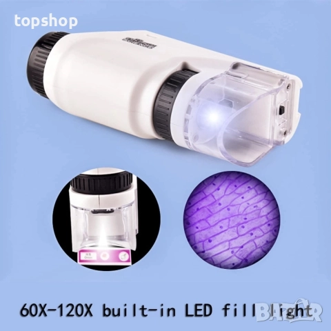 Нов джобен мини оптичен микроскоп 60X-120X с LED светлина, снимка 3 - Друго оборудване - 51637904