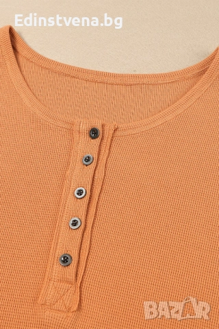 Дамска блуза в оранжево с дълъг ръкав и деколте тип хенли, снимка 6 - Блузи с дълъг ръкав и пуловери - 53069792