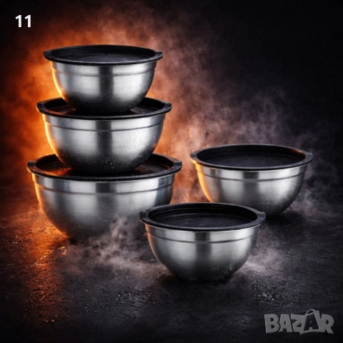 Комплект купи от неръждаема стомана 18/10 с капаци – 10 части, матово покритие, снимка 2 - Прибори за хранене, готвене и сервиране - 53448347