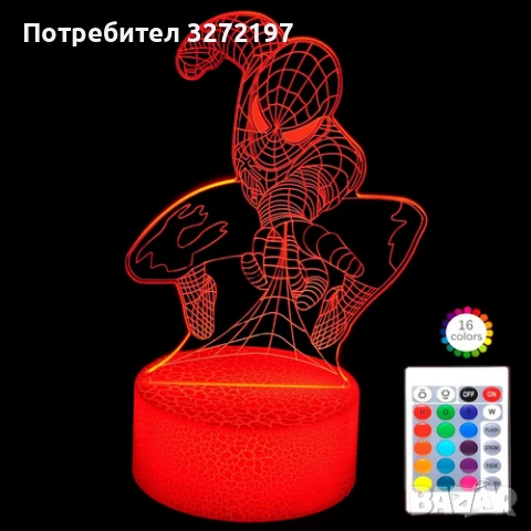 Холограмна 3D LED лампа Spider Man-дистанционно управление 16 цвята+други режими на управление, снимка 2 - Настолни лампи - 50487507