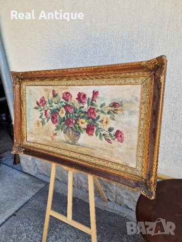 Натюрморт голям антикварен масло платно автор рамка , снимка 7 - Картини - 51686446