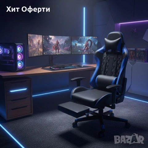 Геймърски стол за релакс с масаж и подложка за крака – син, снимка 2 - Столове - 53249572