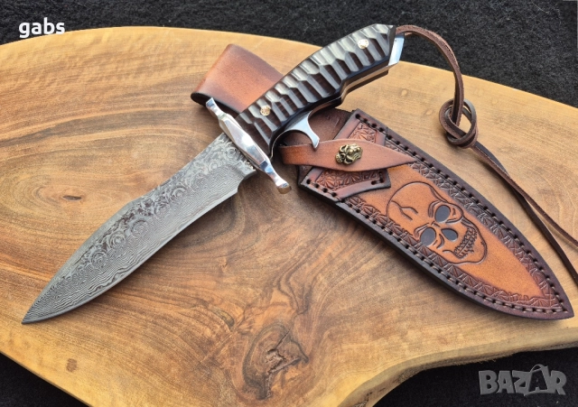 Масивен ловен нож BOWIE DAMASKUS с кания от телешки бланк,LN428