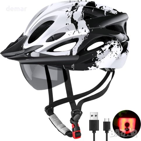 RaMokey Велосипедна каска с LED светлина, магнитни очила, сенник, регулируем размер 57-62 см, бяла, снимка 9 - Спортна екипировка - 45783598
