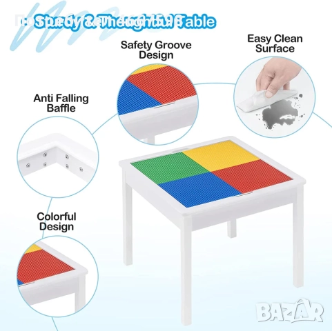 Детска Маса с 2 Столчета, Двустранна, за Учене, Рисуване, Редене на Конструктори, снимка 6 - Мебели за детската стая - 52640547