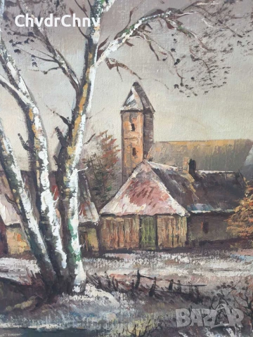 120х90см/стара голяма картина масло върху платно/пейзаж/село-река-мост/дървена рамка, снимка 5 - Картини - 51131255