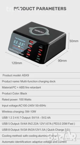 ASOMETECH 100W Зарядно устройство станция 9-в-1 с безжично зареждане 7USB порта+1 Type C QC3.0 PD3.0, снимка 9 - Оригинални зарядни - 49785497