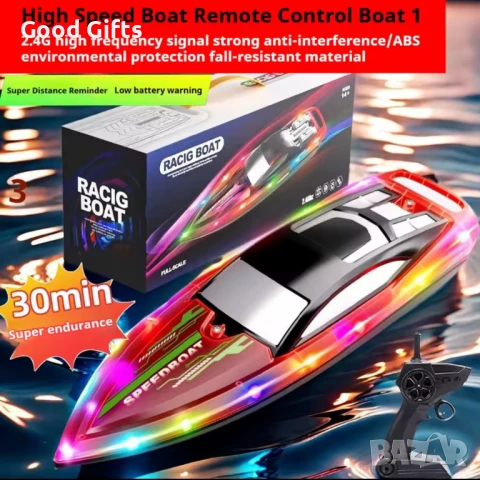 Детска лодка RACIG BOAT с LED светлини – 45см, 50 км/ч с дистанционно, снимка 7 - Коли, камиони, мотори, писти - 51059489