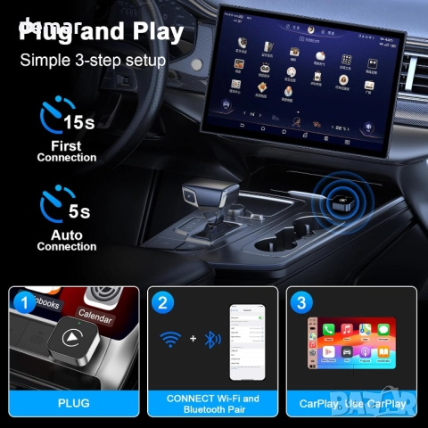 Безжичен CarPlay адаптер за iPhone, кабелен CarPlay към безжичен, Mini USB дизайн, снимка 4 - Аксесоари и консумативи - 51733765