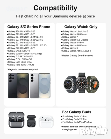 3 в 1 безжична зарядна станция за Samsung смартфони, часовници и слушалки, снимка 9 - Безжични зарядни - 53779290