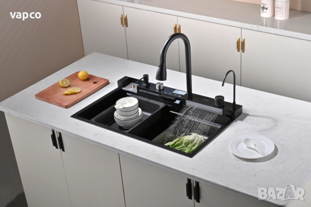 Черна мултифункционална кухненска мивка с двоен водопад 