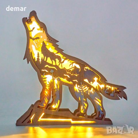 LED нощна лампа статуя на вълк 3D дърворезба за декорация