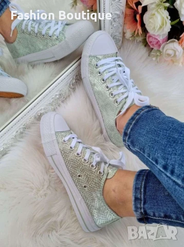 Италиански дамски кецове в бледо зелено сметана нишка, снимка 8 - Кецове - 51246145